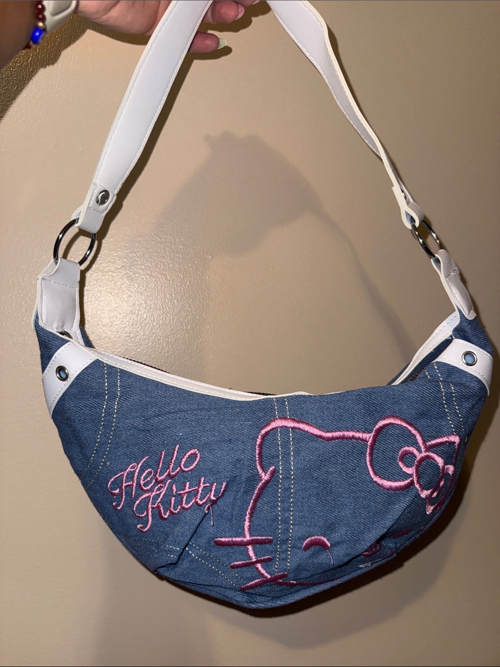 Hello Kitty Blue Denim Shoulder Bag with Pink Embroidery and White Trim